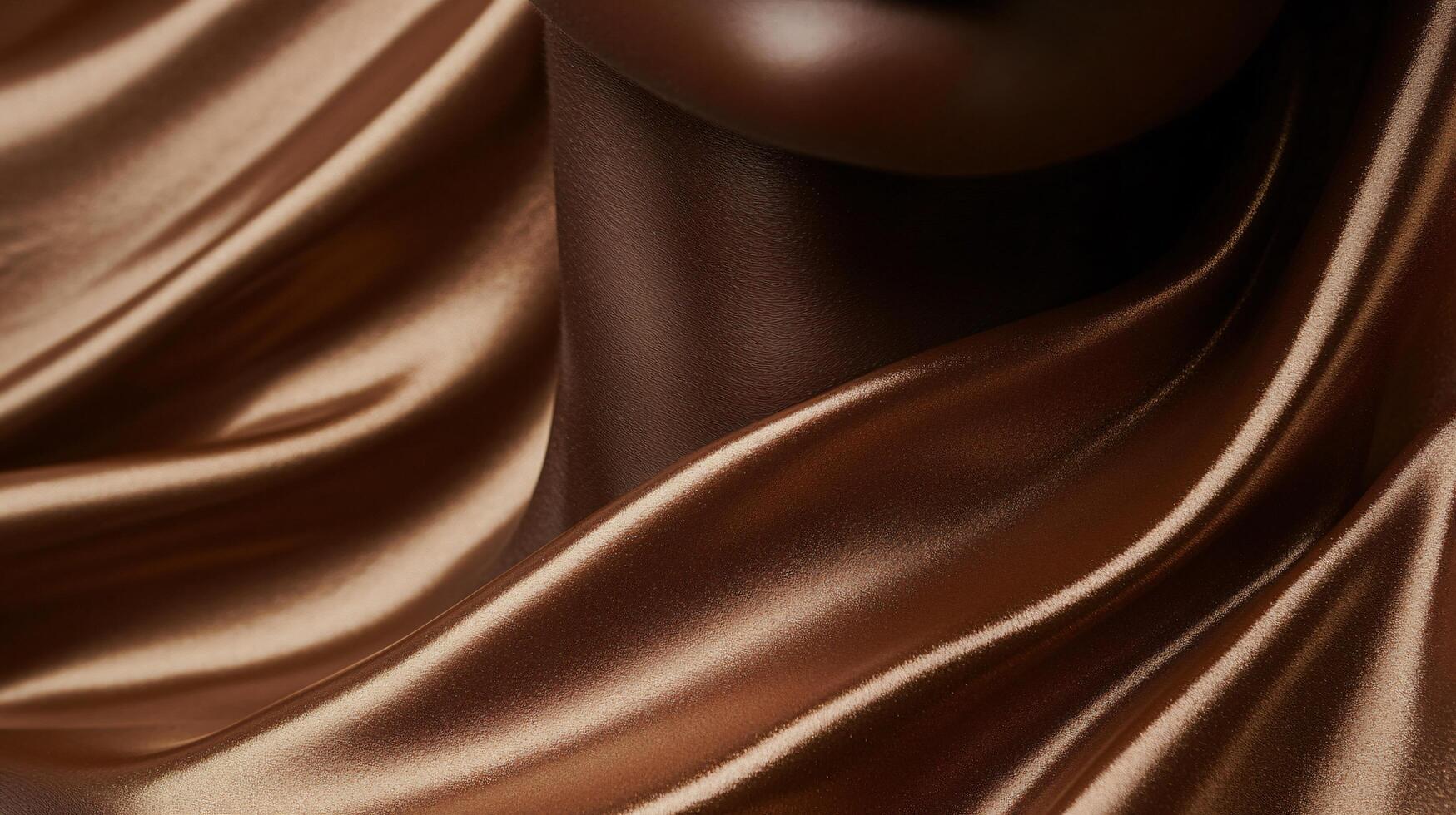 Close up of a woman's neck with a brown fabric draped over it. The fabric is shiny and has a gold tint to it. The woman's neck is the main focus of the image, and the fabric adds a sense of luxury photo