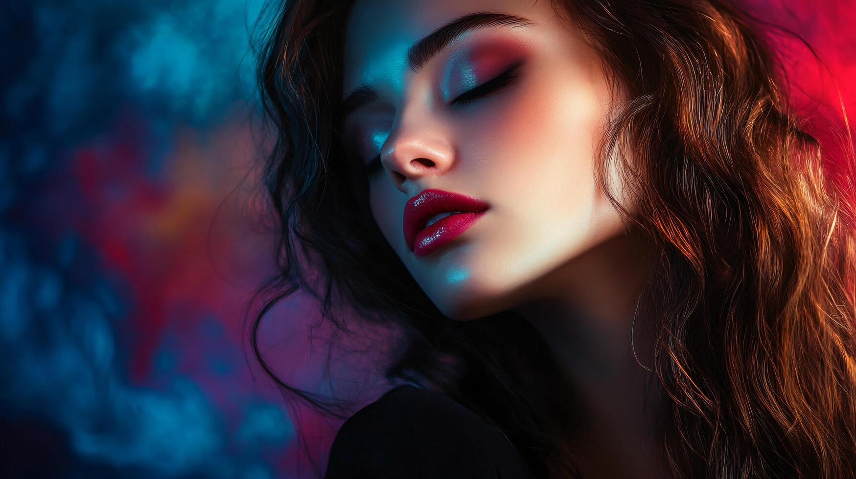 Woman with long hair and red lipstick is the main focus of the image. The background is a mix of purple and blue colors, creating a vibrant and eye-catching atmosphere photo