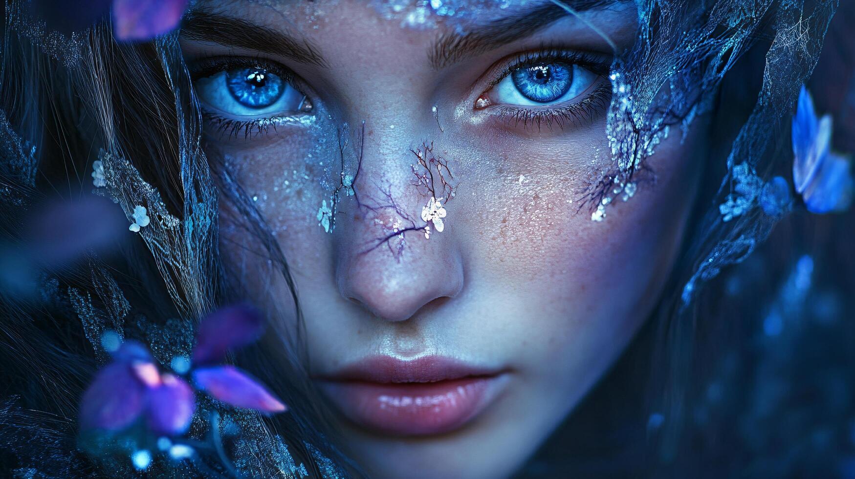 Woman's face is shown in a blue and purple background. The woman's eyes are blue and her nose is pink. The background features butterflies and flowers. The image has a dreamy, ethereal quality to it photo