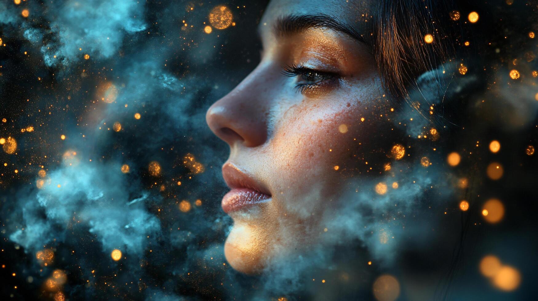 Woman's face is shown in a blurry, hazy background with a lot of glowing lights. The image has a dreamy, ethereal quality to it, as if the woman is floating in a cloud of smoke photo