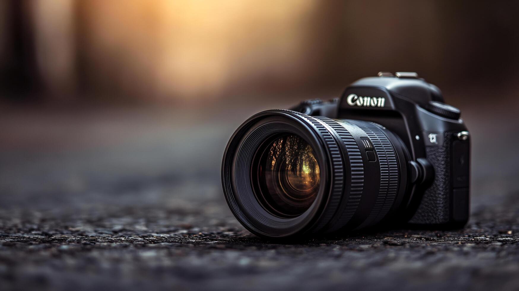 Canon camera is laying on the ground. The lens is open and the camera is turned off photo