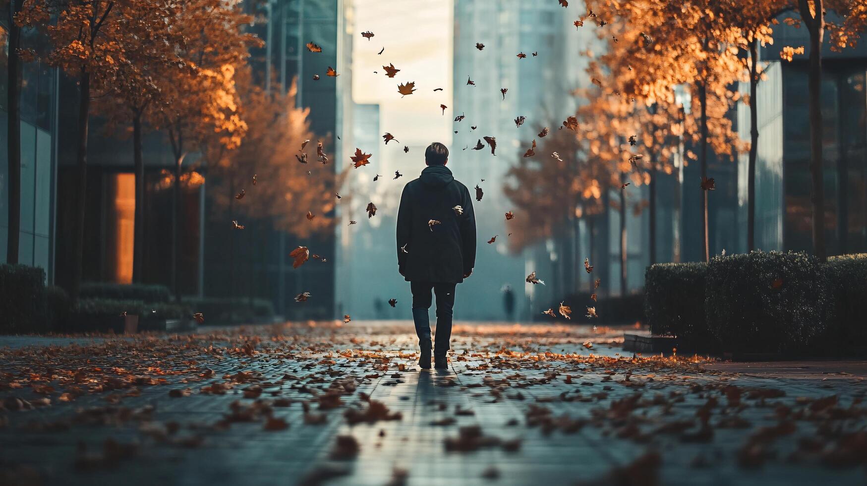 Man walks down a city street with leaves falling around him. The scene is peaceful and serene, with the man being the only person in the image. The leaves on the ground create a sense of autumn photo