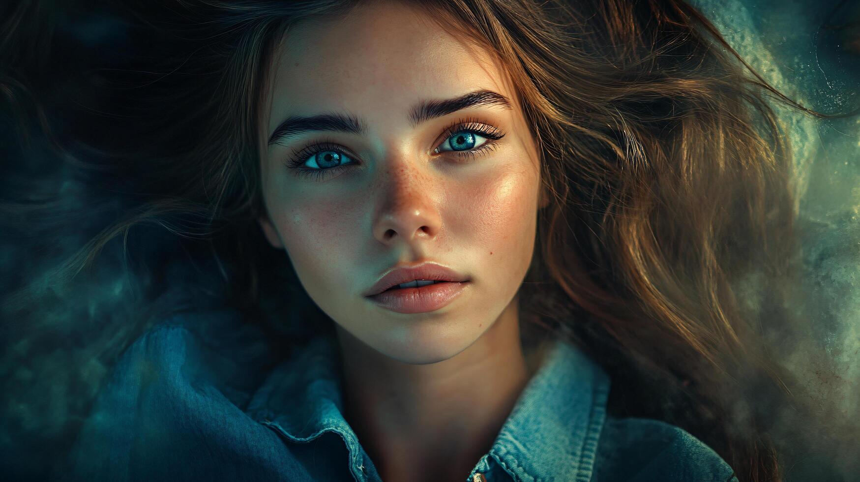 Woman with long hair and blue eyes is laying down. She has a blue shirt on. The image has a mood of relaxation and calmness photo