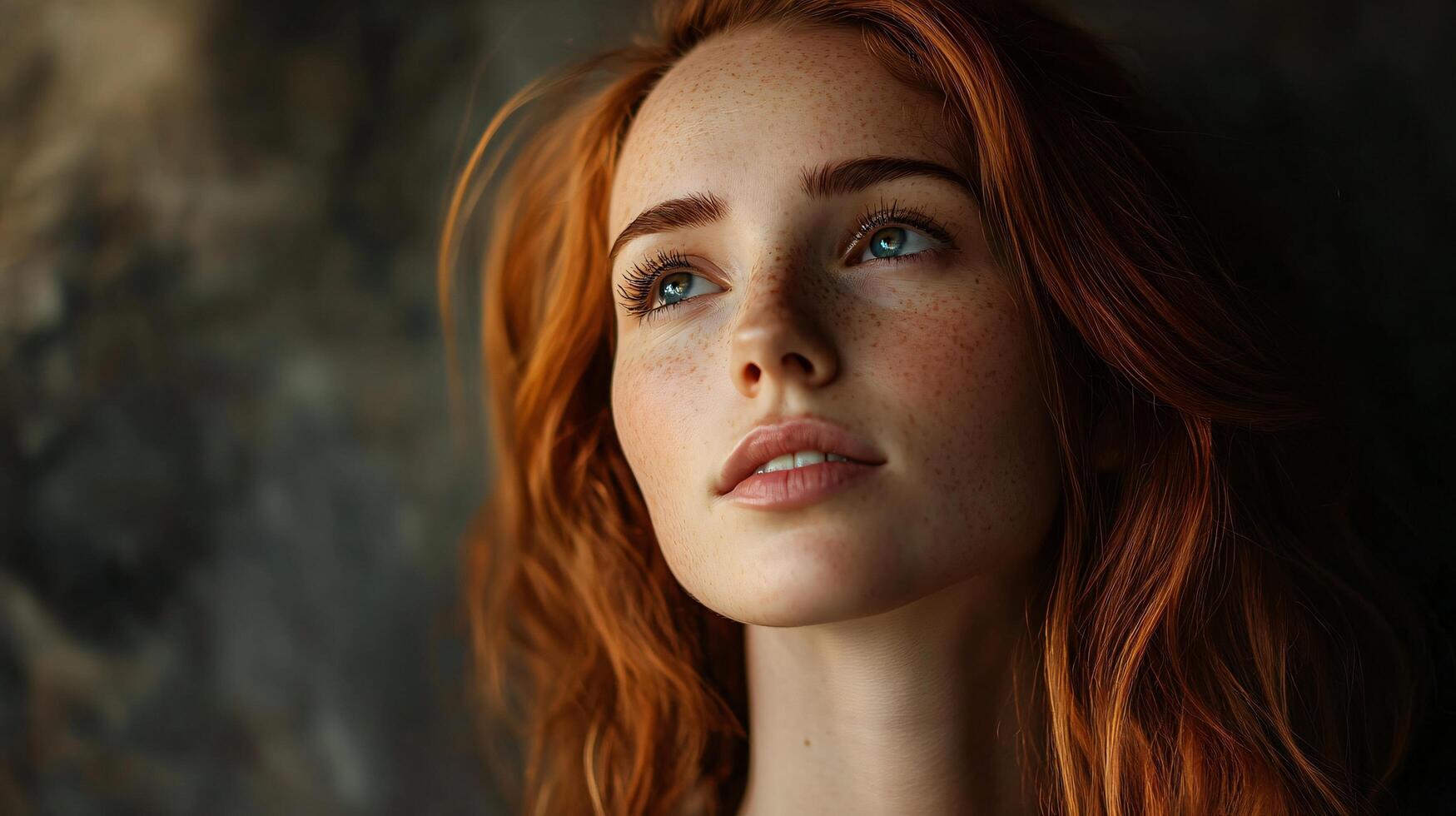 Woman with red hair and blue eyes is looking up at the camera. She has a slight smile on her face photo