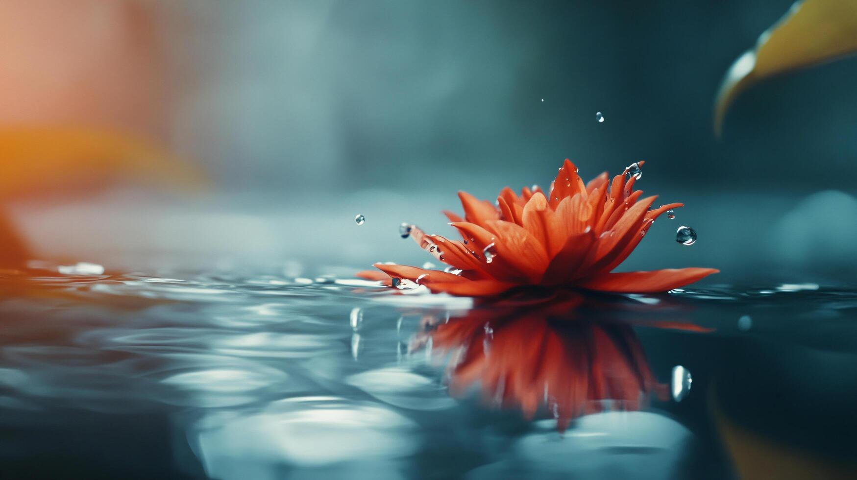Red flower is floating on the surface of a body of water. The water is calm and still, with ripples forming around the flower. Concept of tranquility and serenity photo