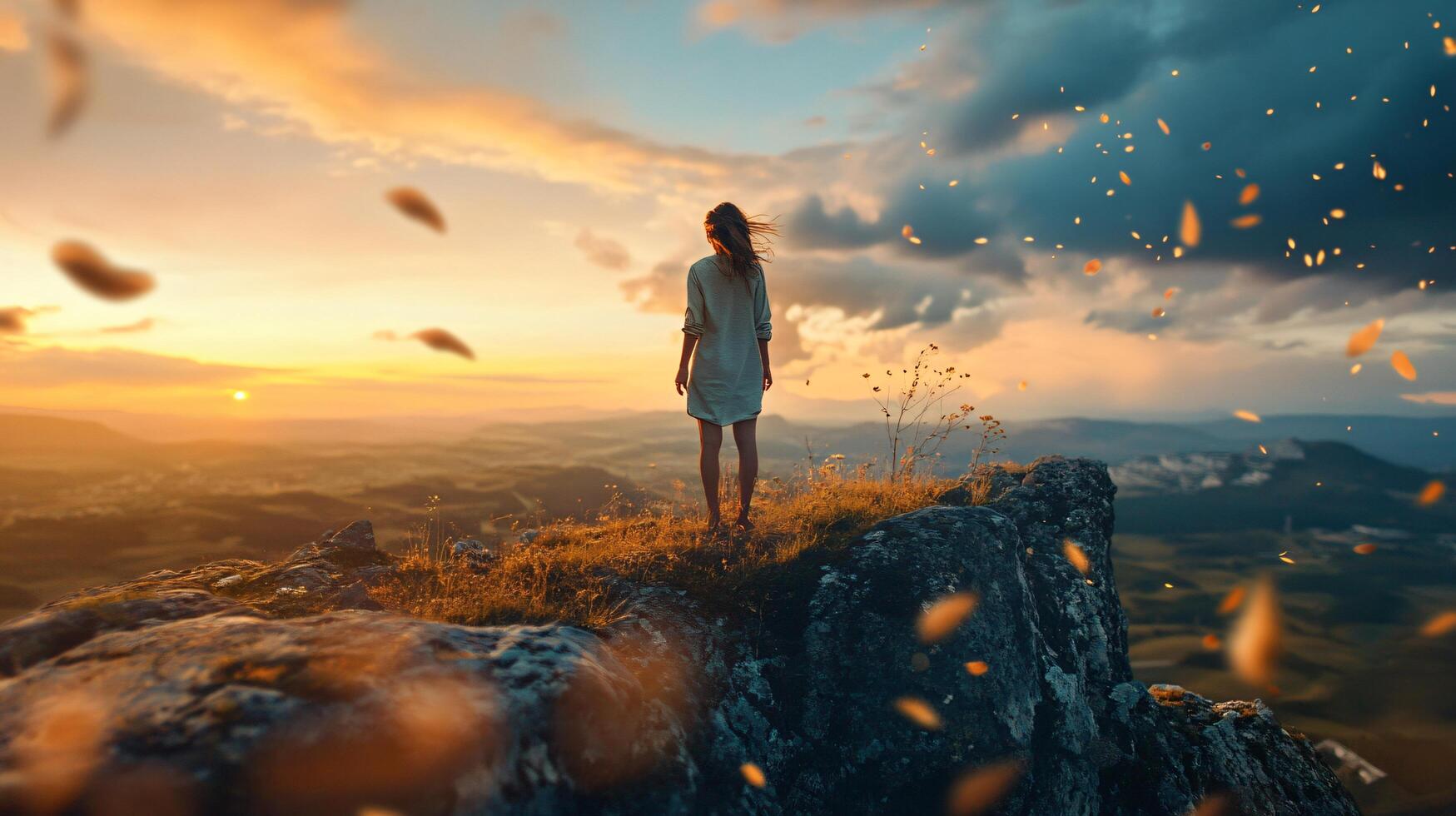 Woman stands on a mountain top, looking out at the sunset. The sky is filled with clouds, and the sun is setting in the distance. The woman is lost in thought photo