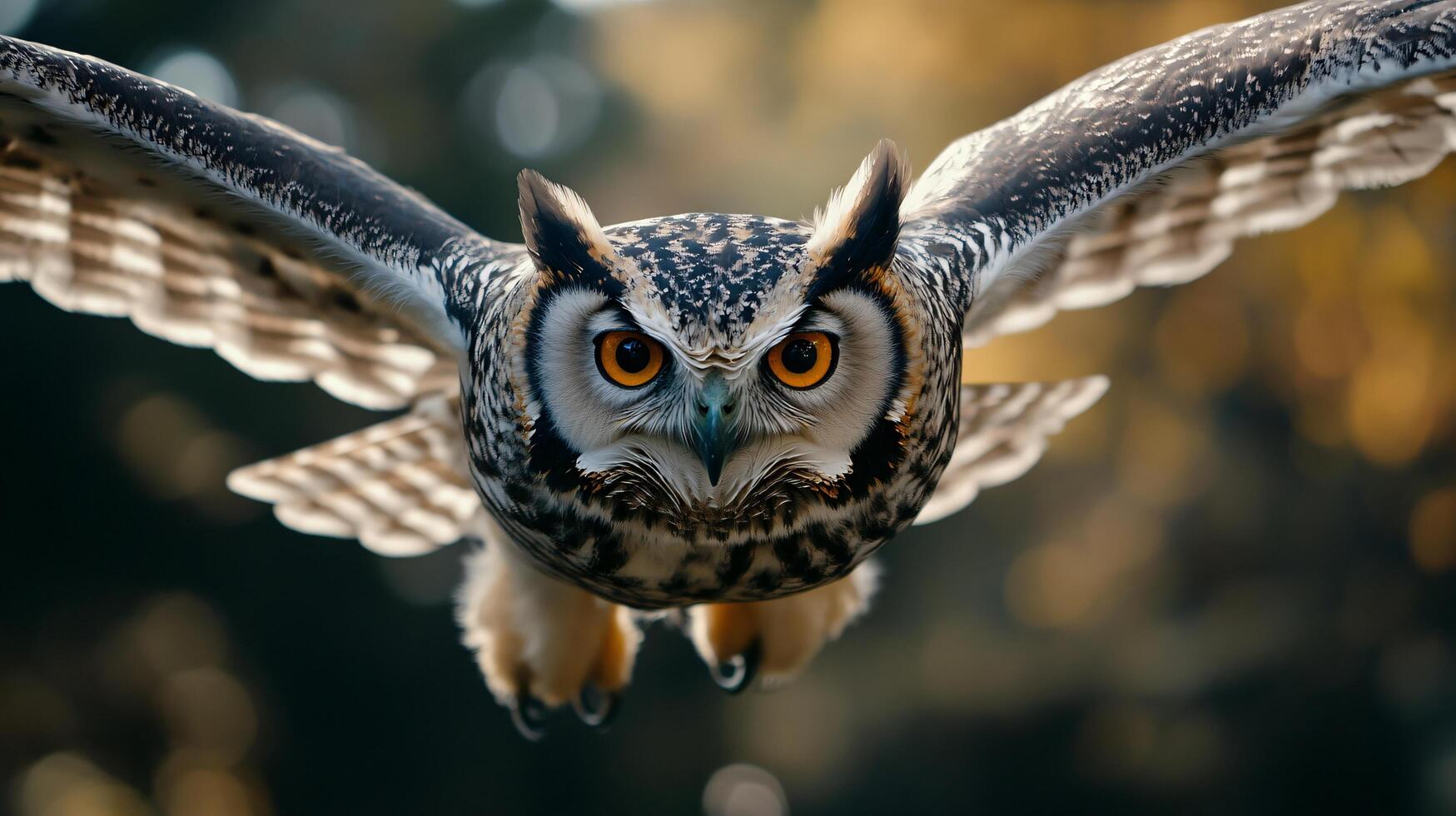 Large owl is flying through the air with its wings spread wide. The owl has a yellow eye and is surrounded by a dark background. Concept of freedom and grace as the owl soars through the sky photo