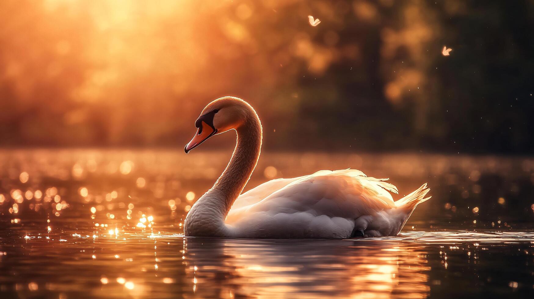 Swan is swimming in a lake with the sun shining on it. The scene is peaceful and serene photo