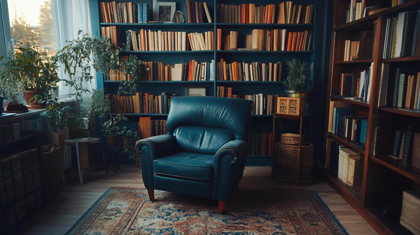 Blue chair sits in a room filled with bookshelves. The room is dimly lit, and the chair is the only piece of furniture in the room photo
