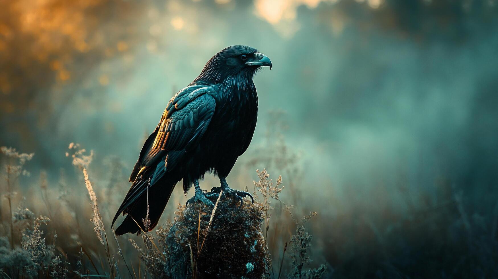 Black bird is perched on a rock in a field. The bird is looking to the left photo