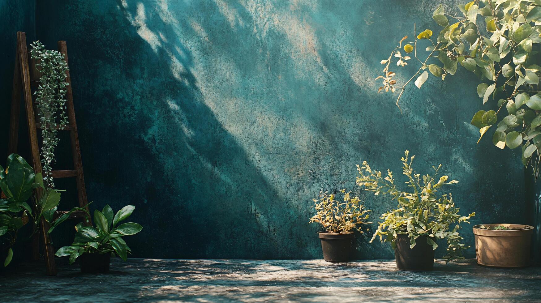 Blue wall with a ladder and potted plants. The plants are in different sizes and are placed in various pots. The scene has a calm and peaceful atmosphere photo
