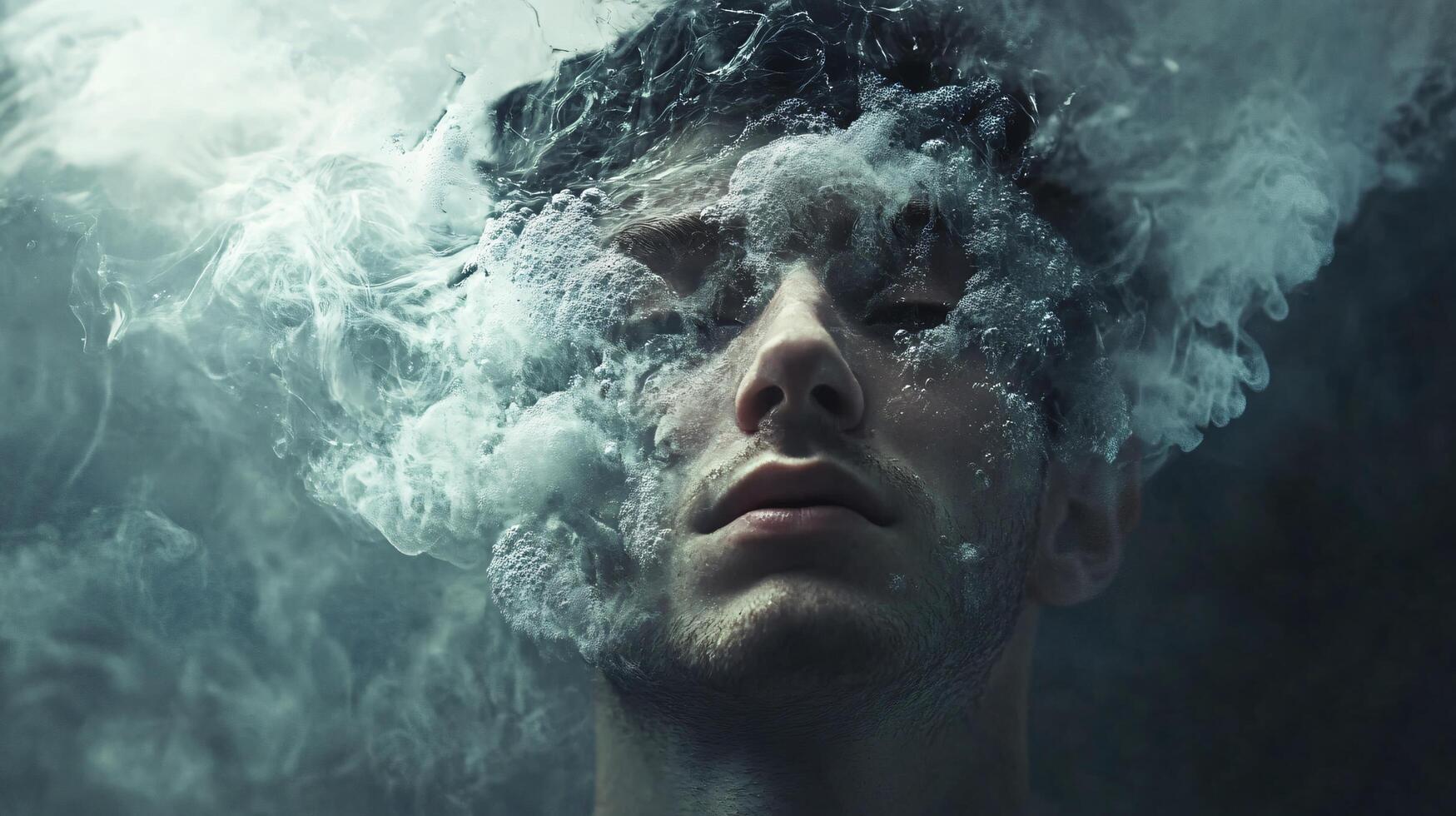 Man is in a cloud of smoke and water. The man is looking at the camera. Scene is mysterious and surreal photo