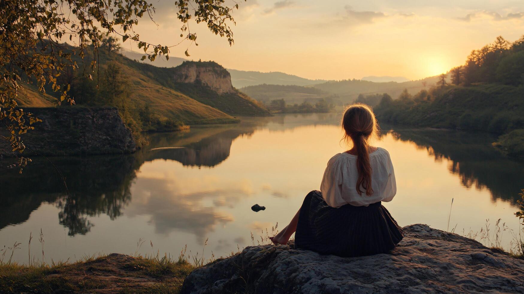 Woman sits on a rock overlooking a lake. The sun is setting, casting a warm glow over the scene. The woman is lost in thought, taking in the beauty of the landscape photo