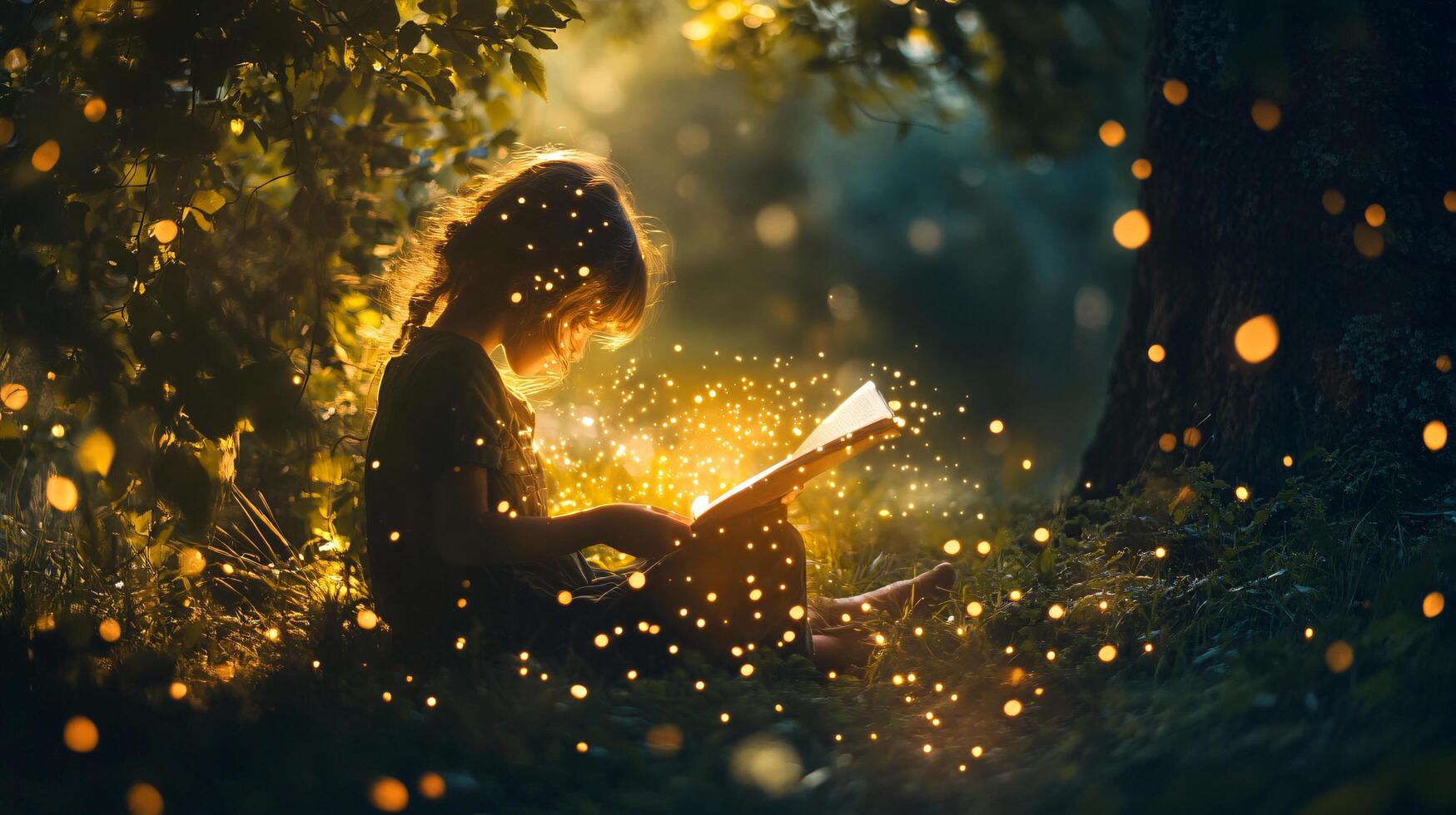 Girl is reading a book in a forest. The book is open to a page with a lot of light shining on it. The scene is peaceful and serene, with the girl enjoying her time in nature photo