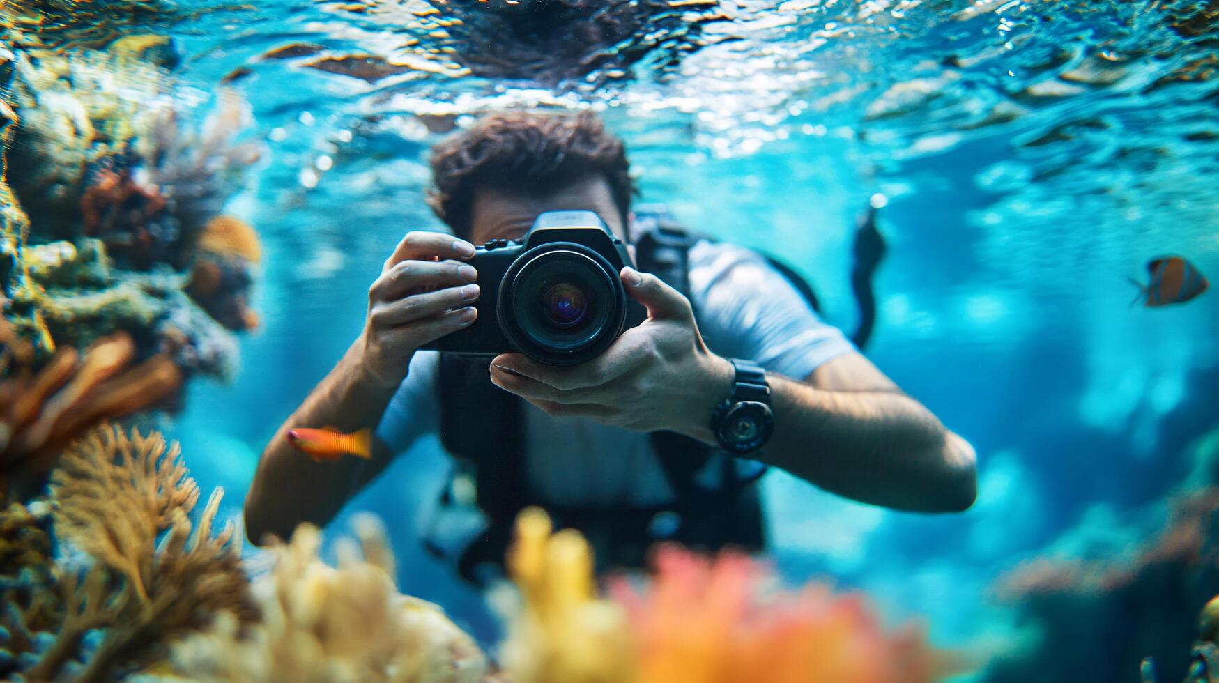 Man is taking a picture underwater with a camera. The water is clear and blue, and there are many fish swimming around him. The man is wearing a watch and a backpack photo