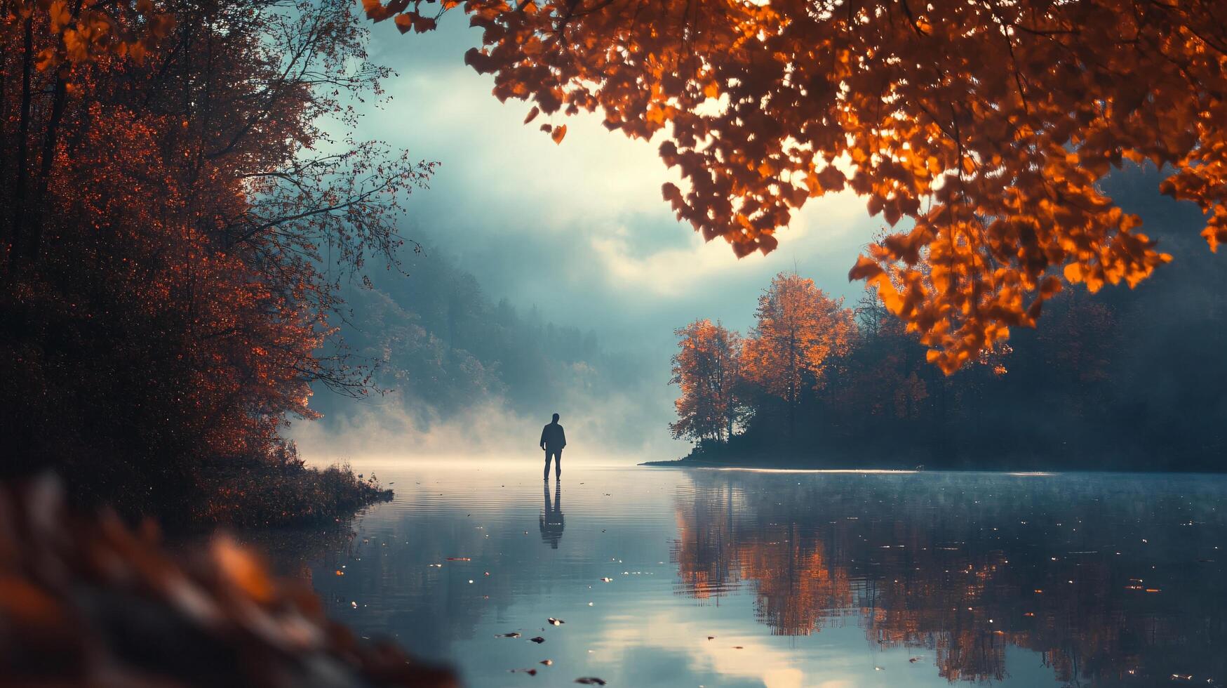 Person is standing on a lake surrounded by trees. The water is calm and the leaves on the trees are orange. The scene is peaceful and serene photo