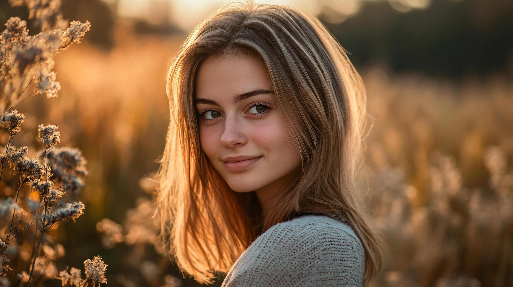 Woman with long brown hair is standing in a field of yellow flowers. She is smiling and looking at the camera photo