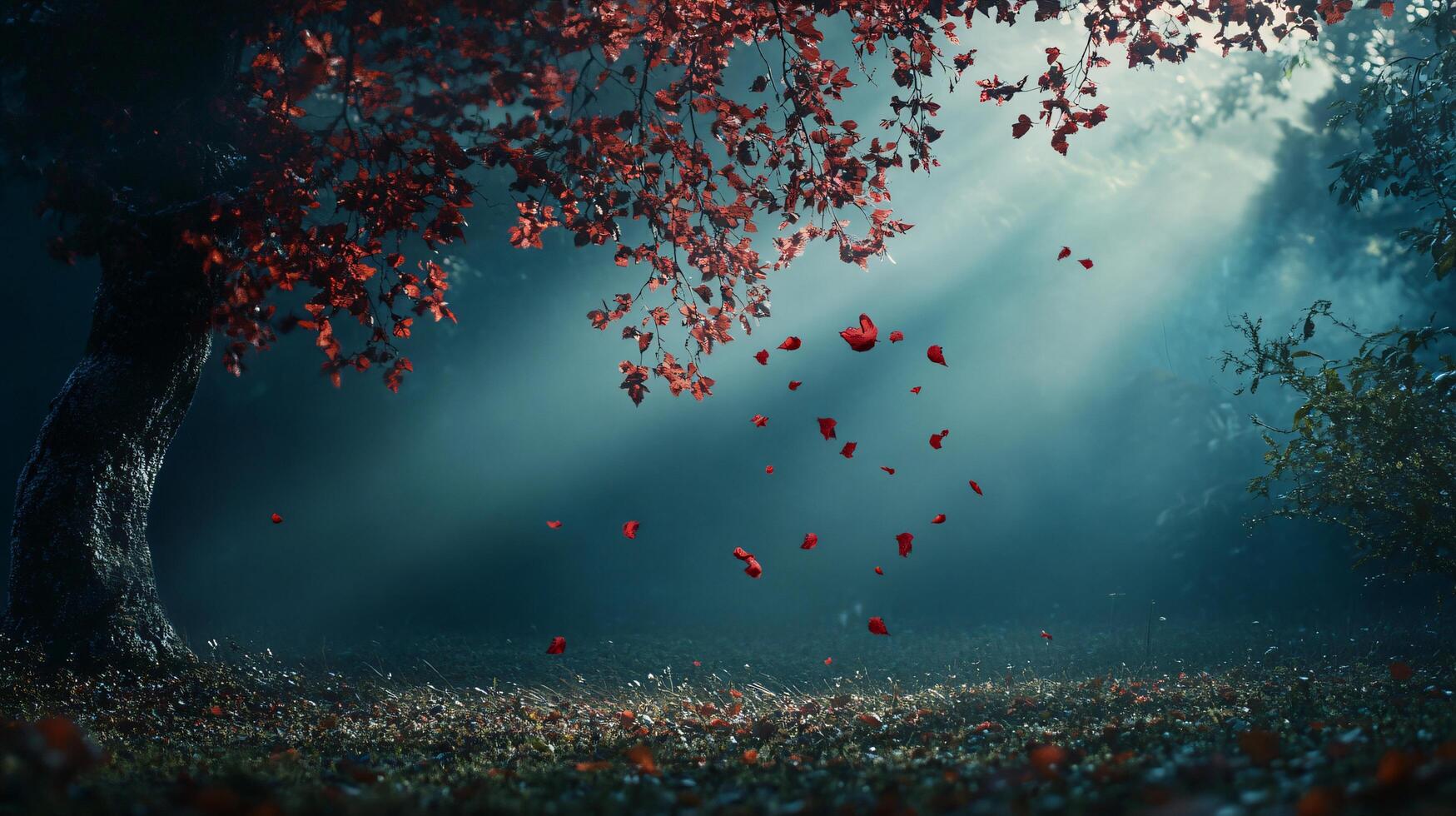 Tree with red leaves is in the foreground and a large number of red leaves are falling from it. The scene is set in a forest with a blue sky in the background photo