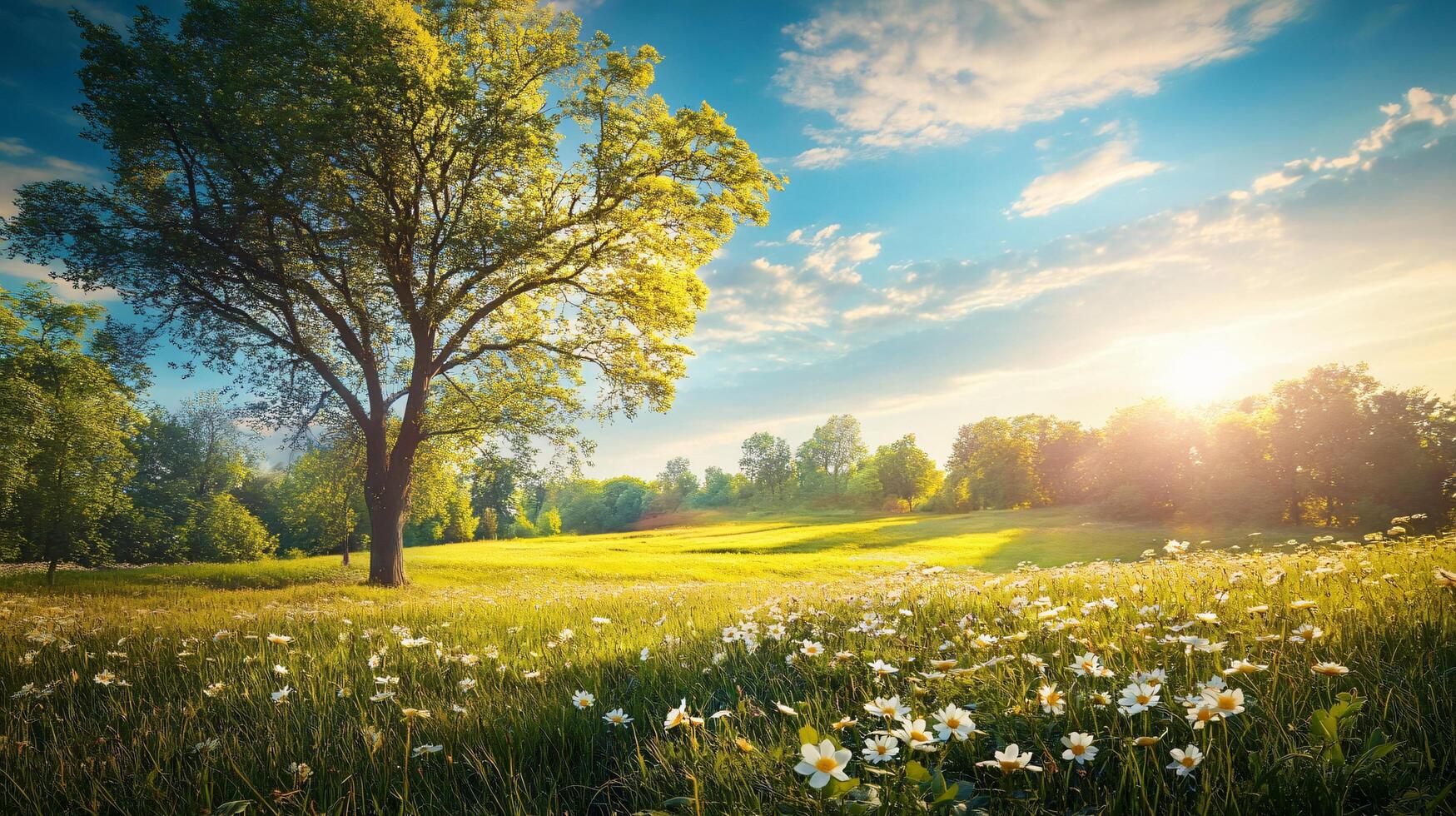 Large tree stands in a field of grass with a bright blue sky above. The sun is shining brightly, casting a warm glow over the scene. Concept of peace and tranquility photo