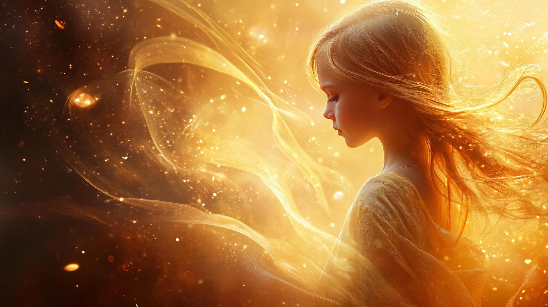 Girl with long golden hair is standing in a golden swirl of light. The image is a representation of the idea of beauty and the power of light photo