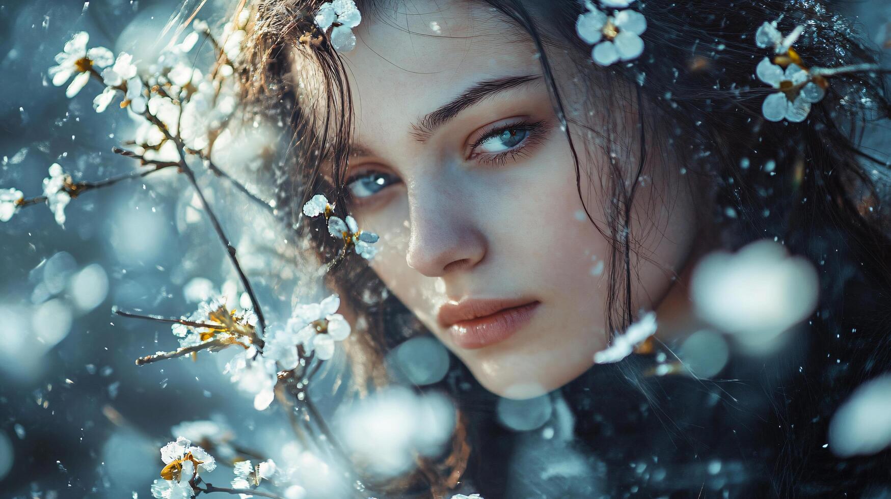 Woman with long hair is standing in front of a tree with white flowers. The image has a dreamy and ethereal quality, with the woman's face and hair blending into the background photo