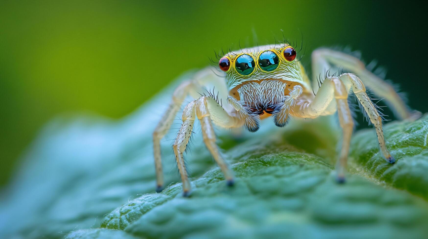 Spider is on a leaf and it is looking at the camera. The spider is small and has a green and yellow color photo