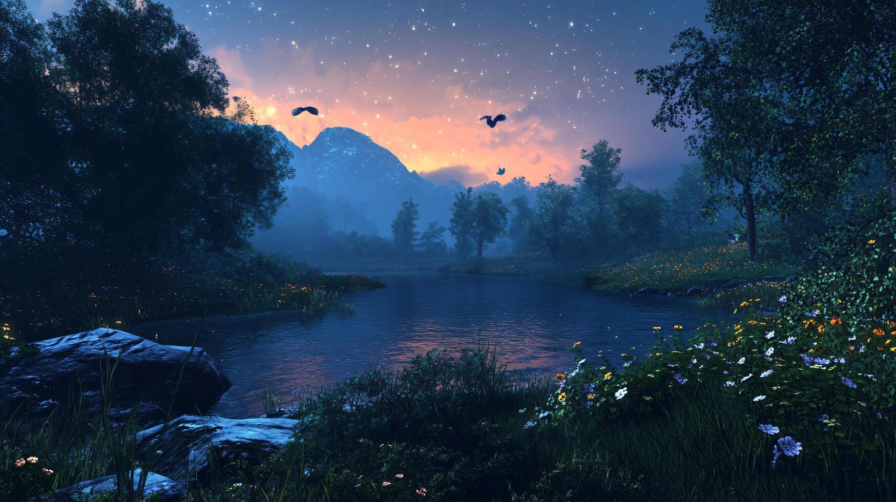 Serene and peaceful scene of a lake surrounded by trees and mountains. The sky is a beautiful mix of orange and blue hues, creating a calming atmosphere photo