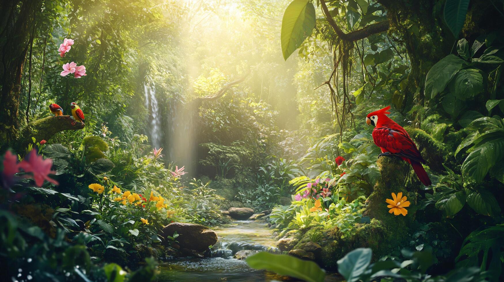 Lush green jungle with a red bird perched on a tree. The bird is surrounded by a variety of flowers and plants, creating a vibrant and lively atmosphere. Concept of wonder and adventure photo