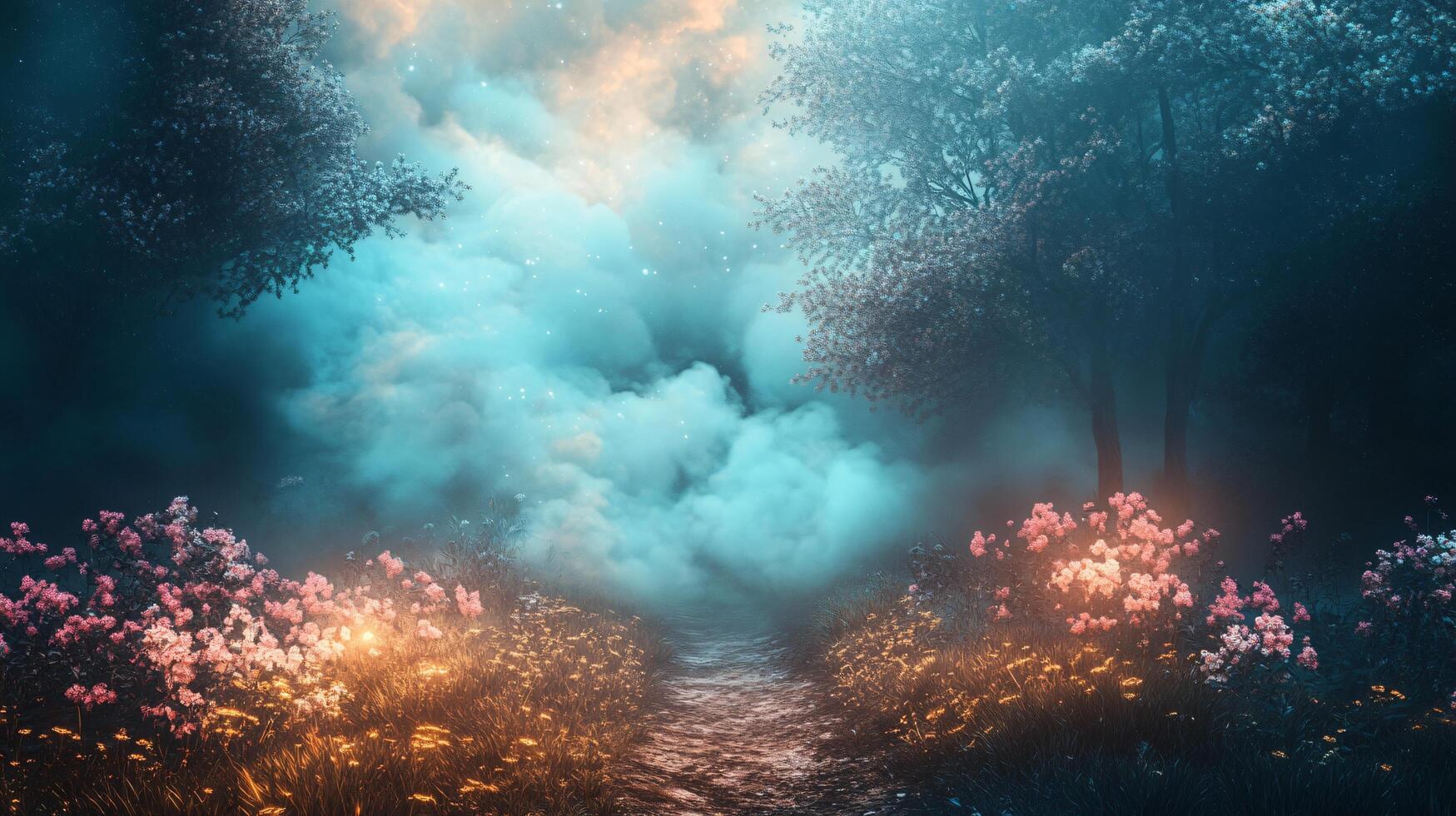 Forest scene with a path through it and a few trees. The sky is cloudy and the flowers are pink photo