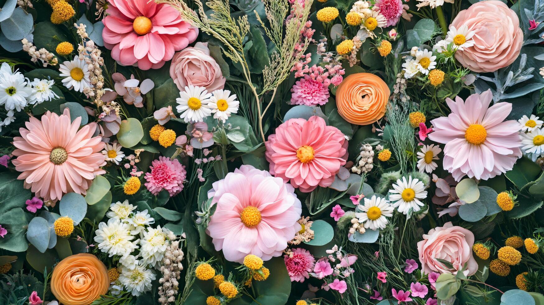 Colorful bouquet of flowers with a mix of pink and yellow flowers. The flowers are arranged in a way that creates a sense of harmony and balance. Scene is cheerful and uplifting photo