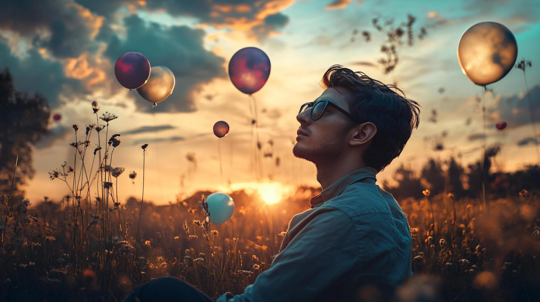 Man is sitting in a field of balloons, with the sun setting in the background. The balloons are scattered all around him, creating a whimsical and playful atmosphere. The man is enjoying the moment photo