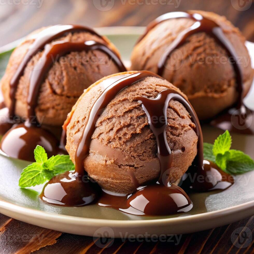 Three scoop of chocolate ice cream in plate photo