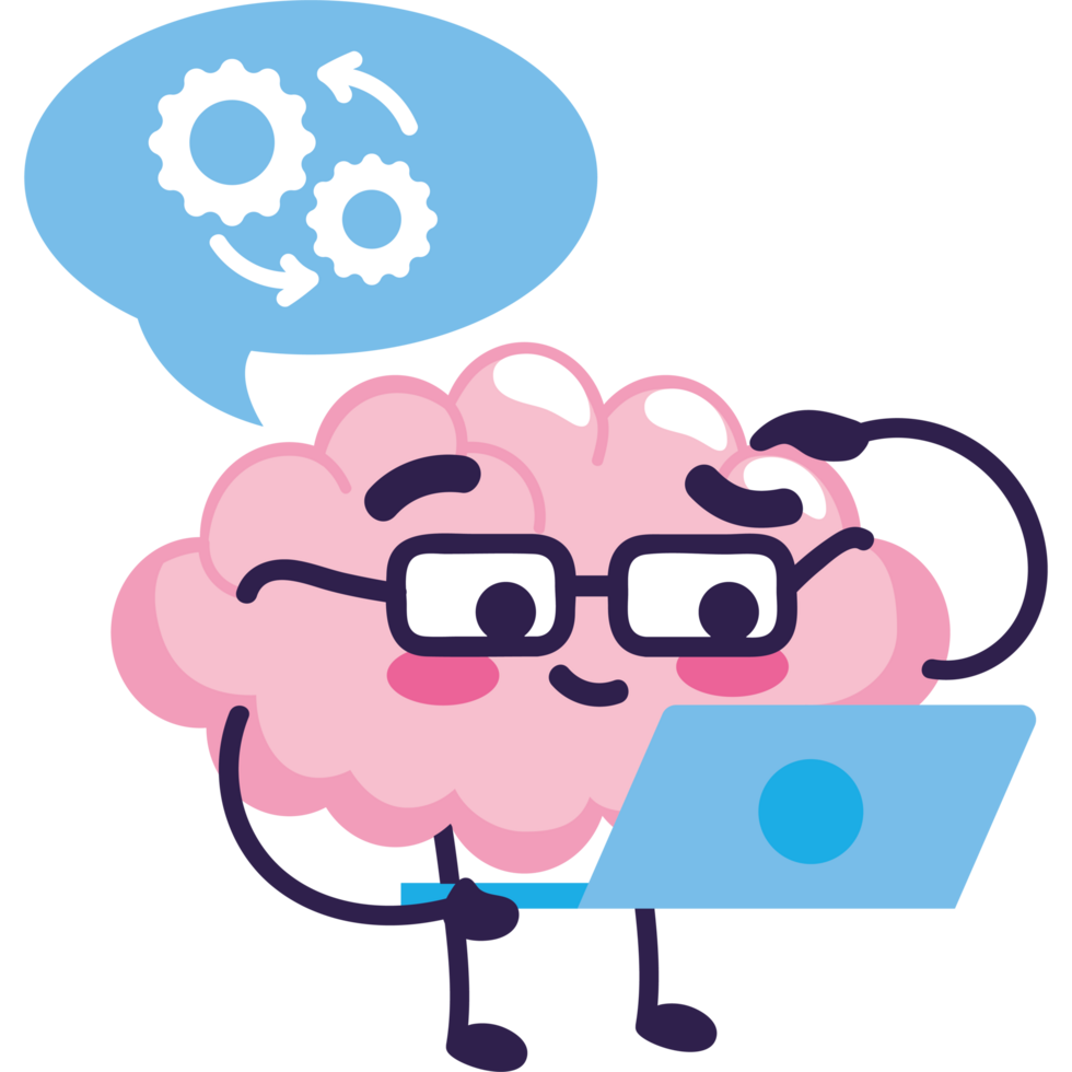 cute brain working with laptop png