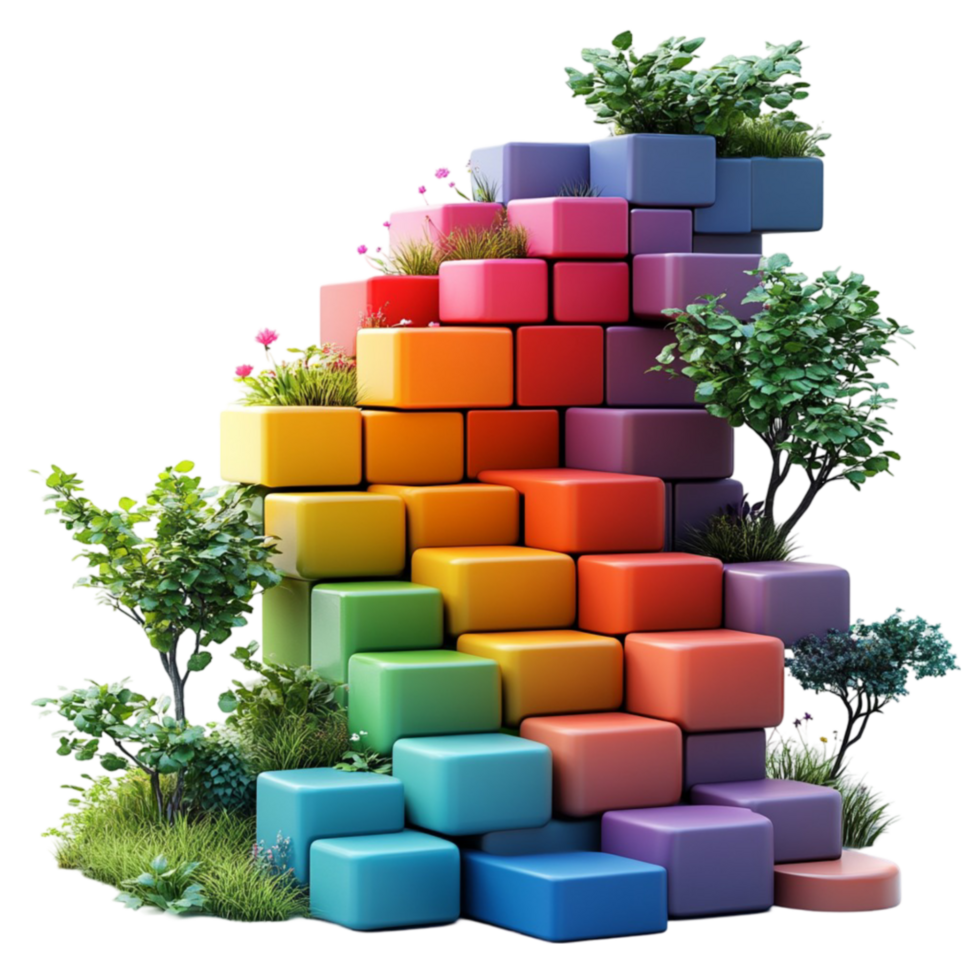 Colorful Pyramid of Books with Trees and Plants png