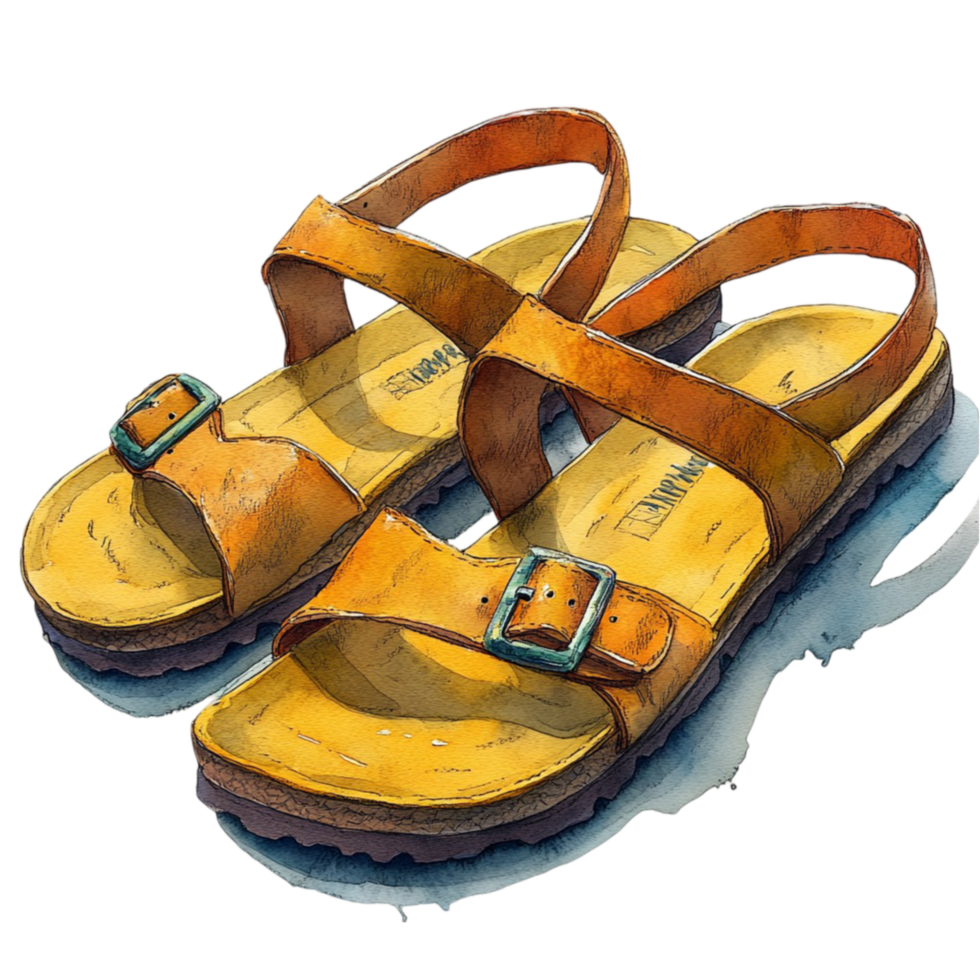 Pair of Yellow Sandals with Straps and Shadow on the Ground png