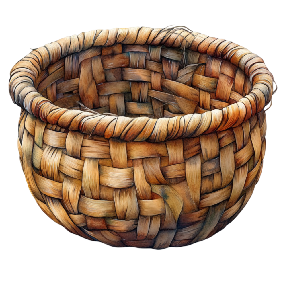 Circular Woven Basket with Twisted Edge and Tightly Constructed Pattern png
