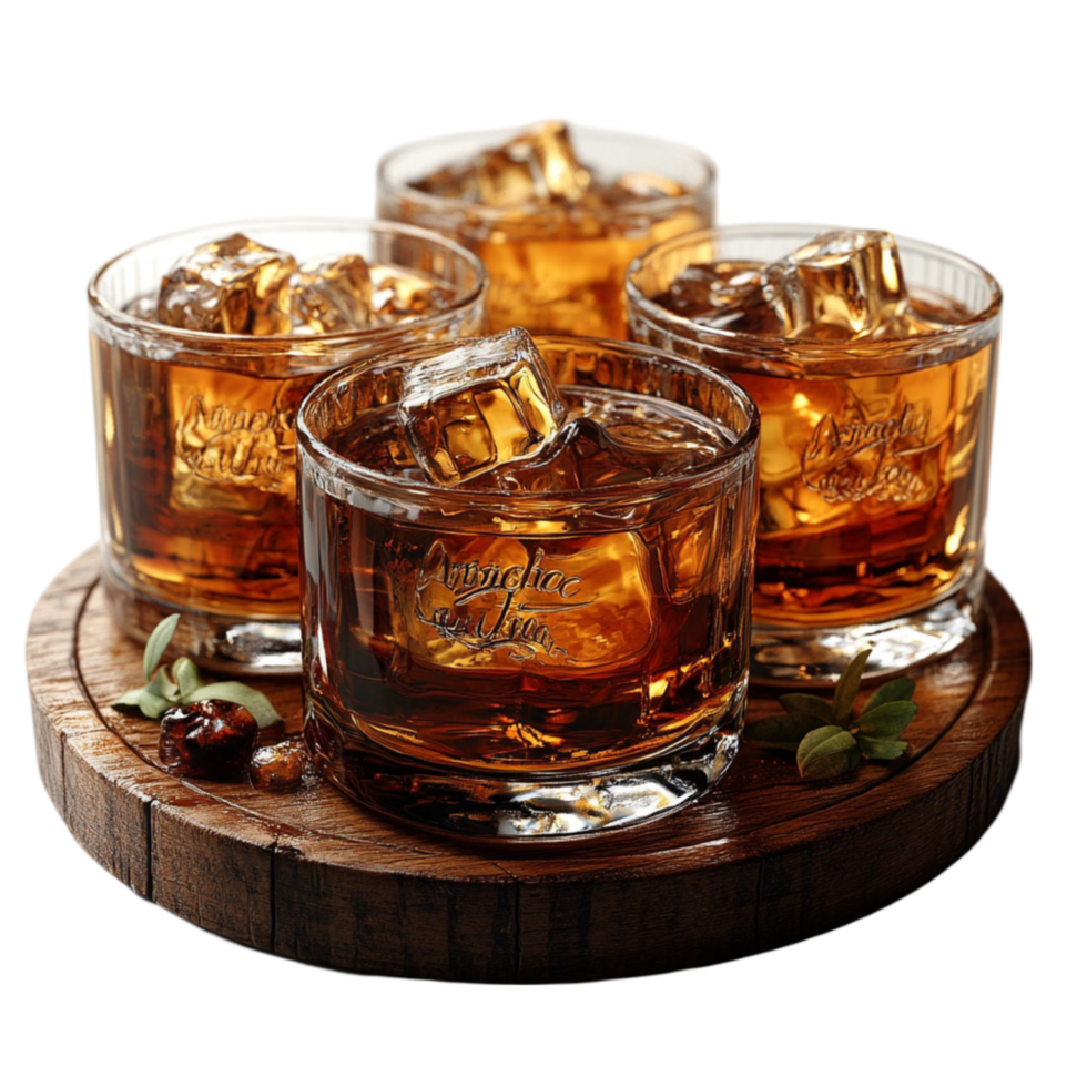 Four Glasses of Whiskey on Wooden Tray with Ice Cubes, Dried Berries, and Leaves png