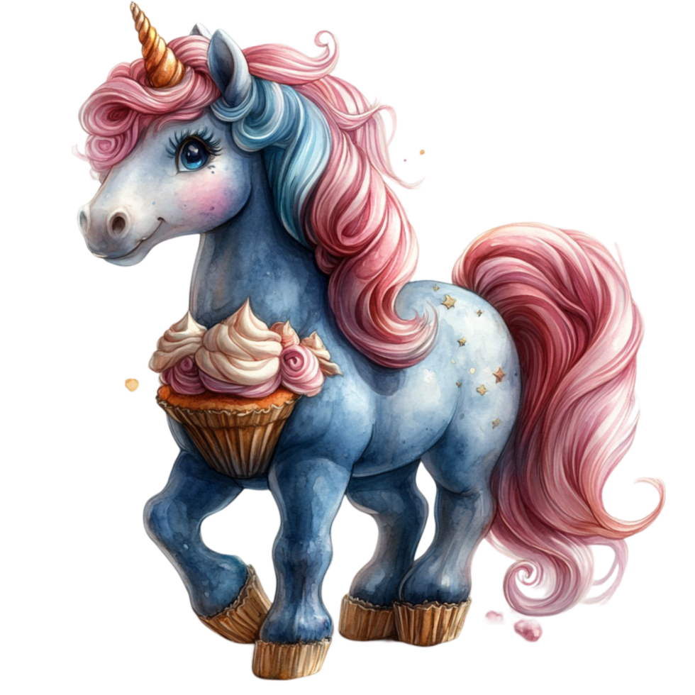 Whimsical Blue Unicorn with Pink and Blue Mane Holding Cupcake with Pink Frosting png