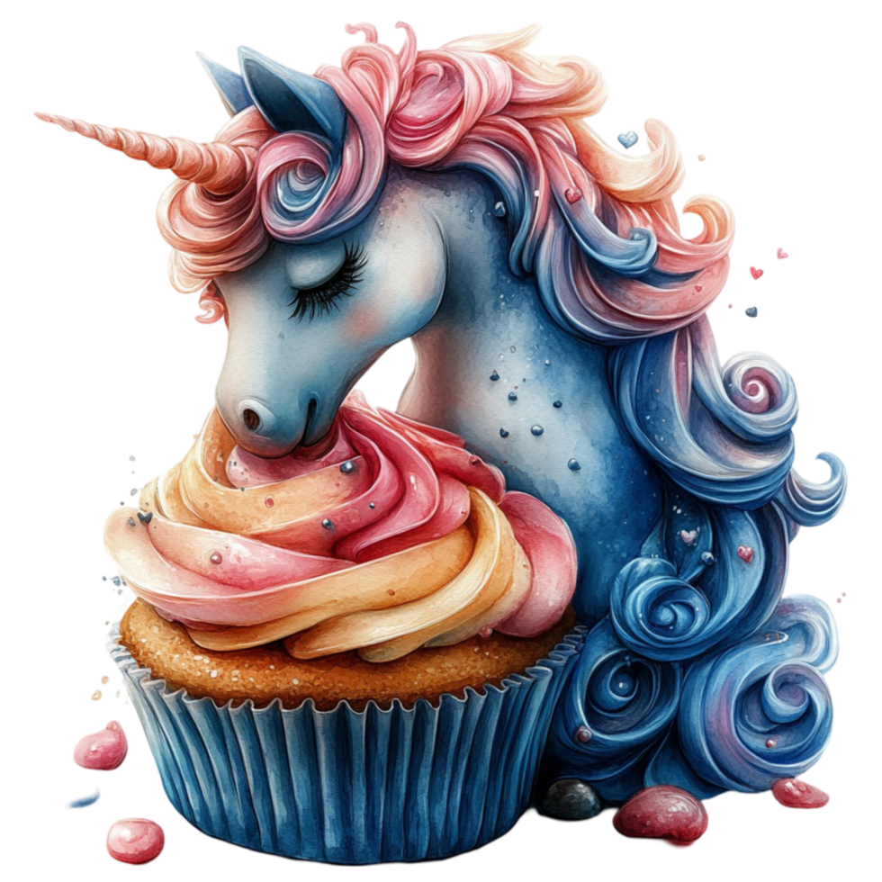 Whimsical Cupcake with Unicorn Head, Colorful Hair, and Unicorn Horn in Artistic Style png