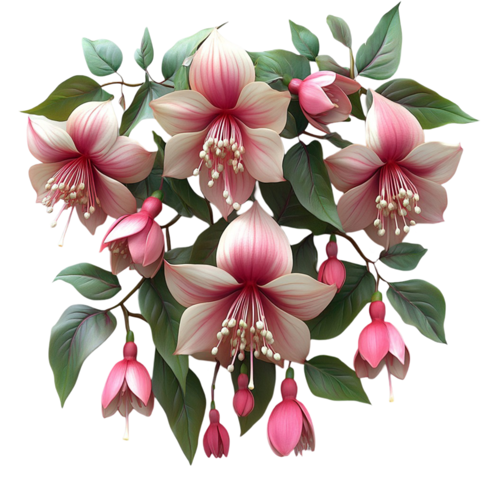 Fuchsia Blossoms with Green Leaves png