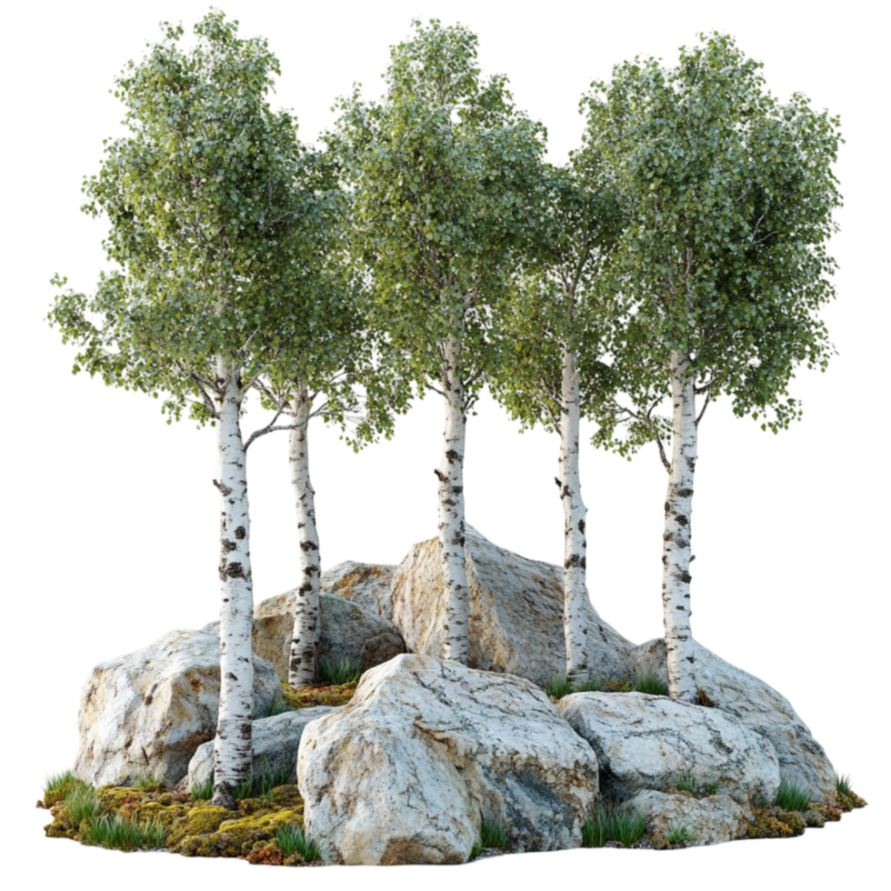 Scenic View of Birch Trees Growing on Rocks png