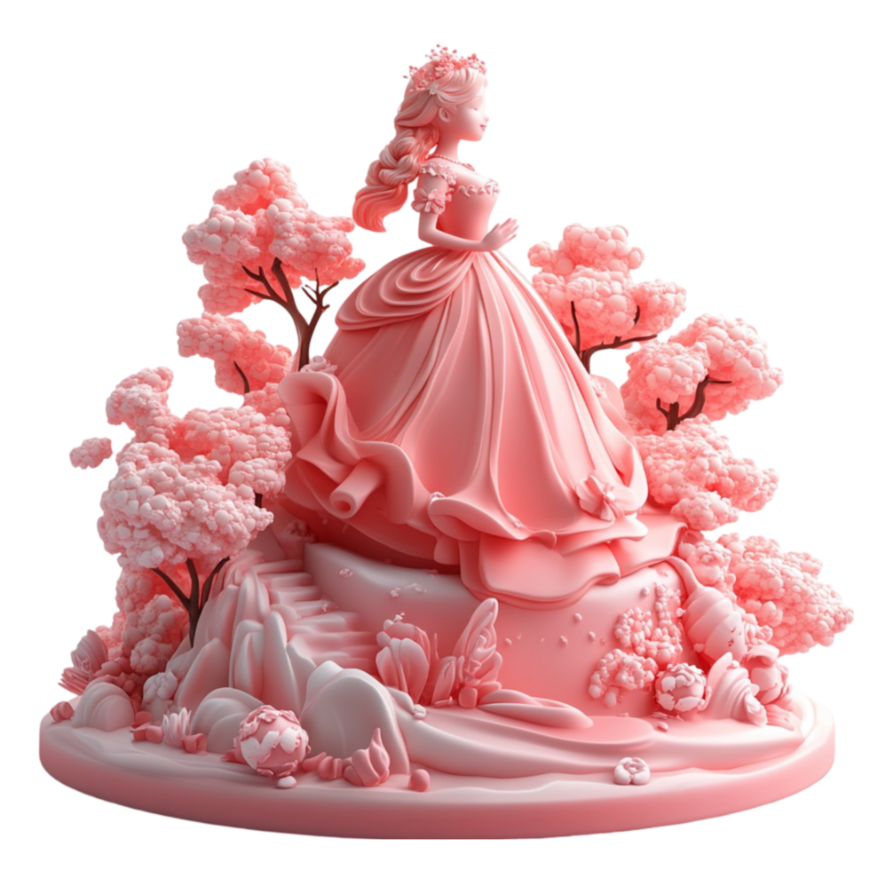 Pink Cake with a Princess on Top, Surrounded by Flowers and Trees png