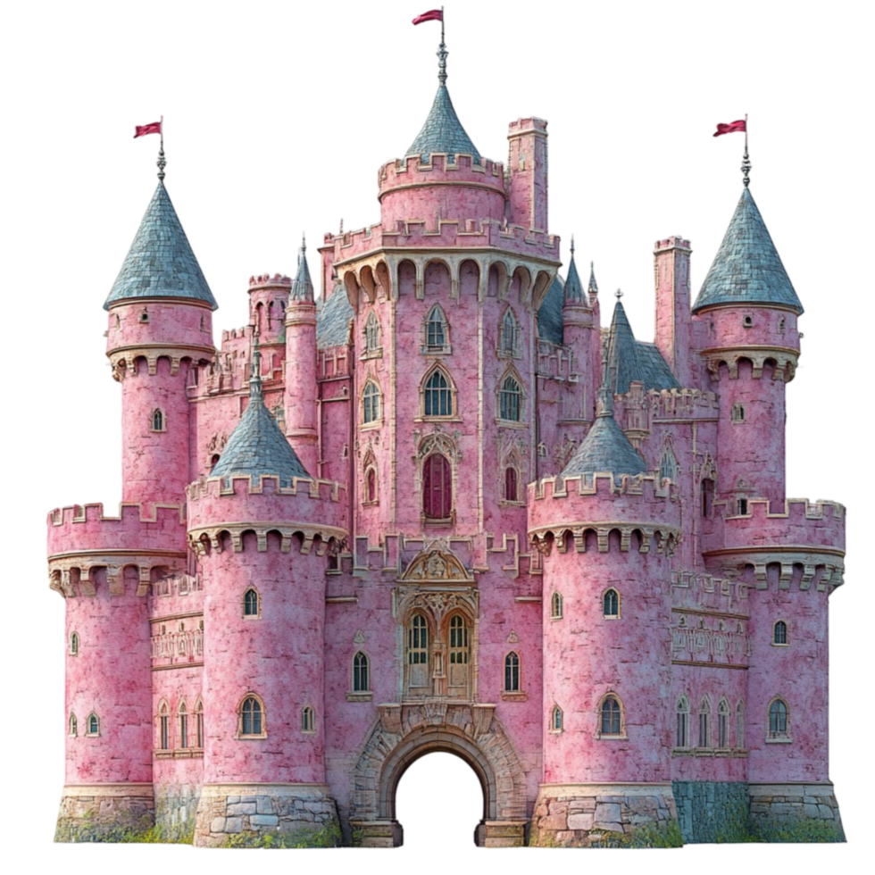 Pink and Green Castle with Multiple Towers, Turrets, and Flags png