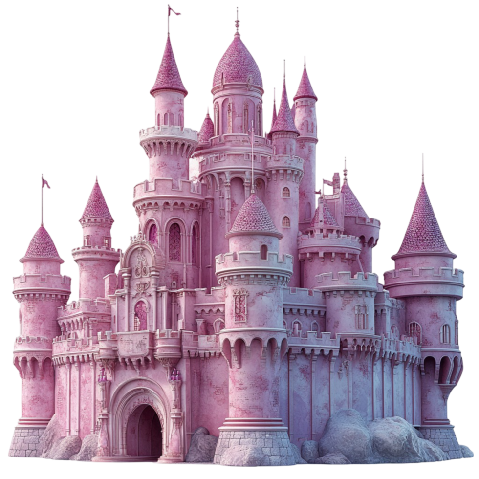 Pink Castle with Towers and Turrets on Transparent Background png