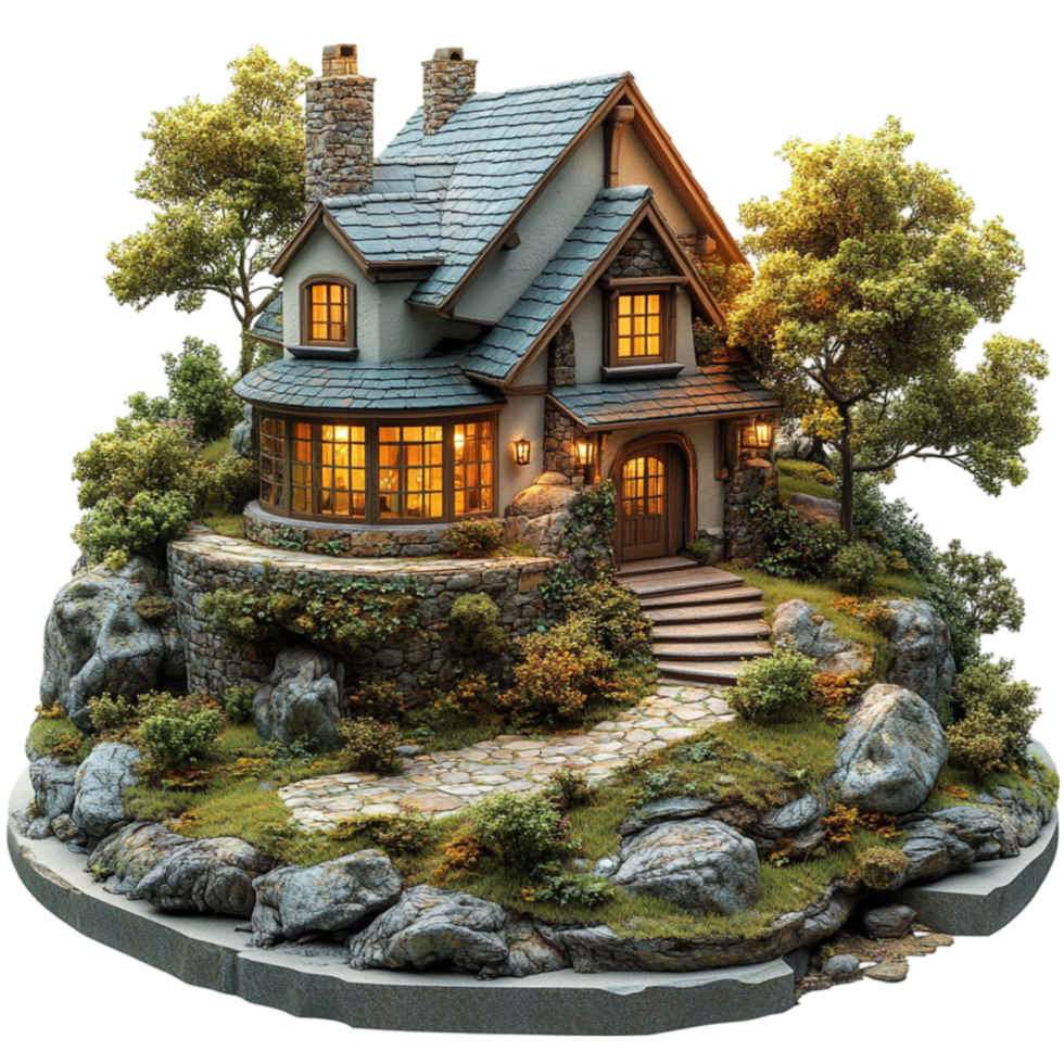 Model of a House on a Hill with Trees and Rocks png