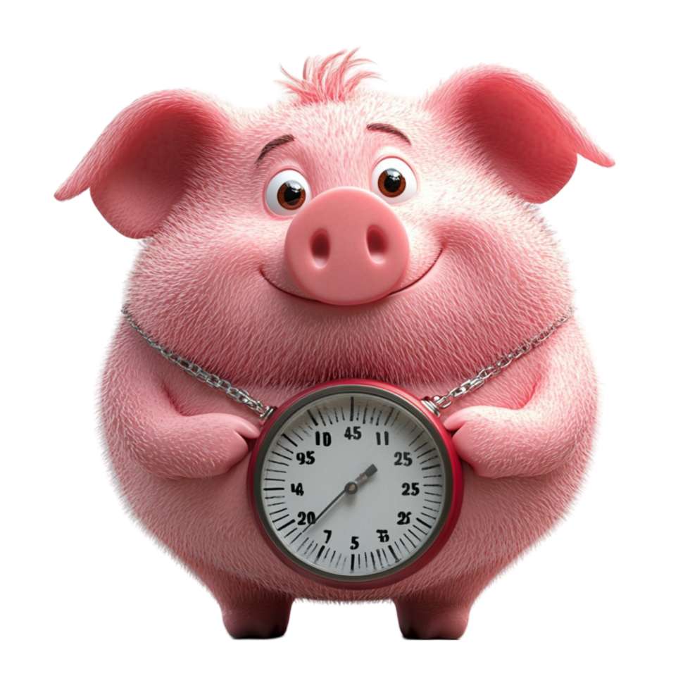 Cartoon Pig Holding a Clock on Transparent Background png