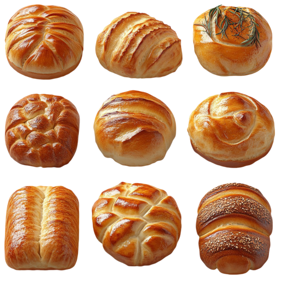 Collection of Nine Different Types of Bread with Unique Shapes and Toppings png