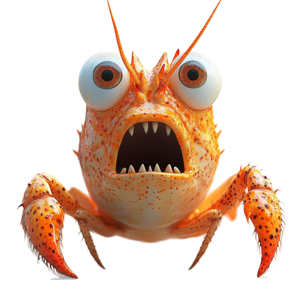 Exaggerated Sea Creature with Large Eyes, Sharp Teeth, and Prominent Claws png