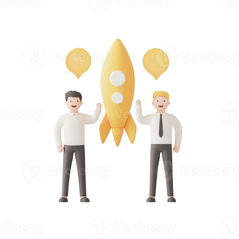 Two businessmen launching a rocket, symbolizing innovation and teamwork. png