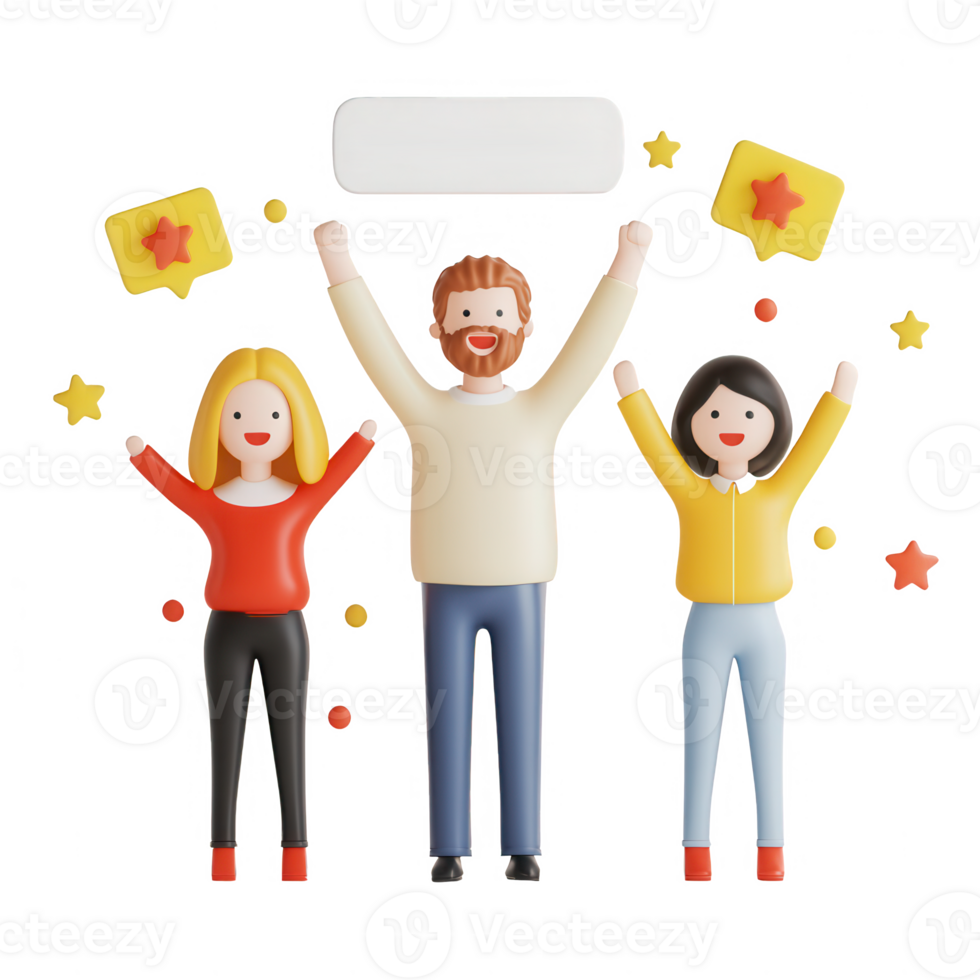 Joyful people celebrating success with speech bubbles and stars around them. png
